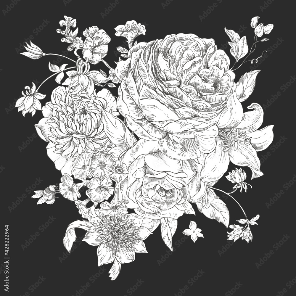 Monochrome gentle vintage floral illustration. Botanical flowers. Regency greeting card