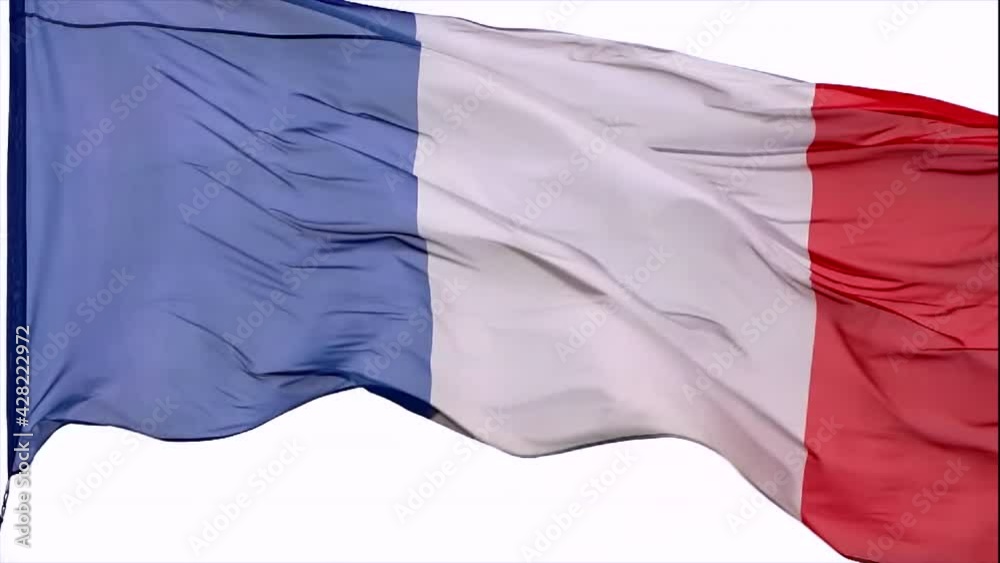 French flag background in the wind. Real french flag tricolor on sky background