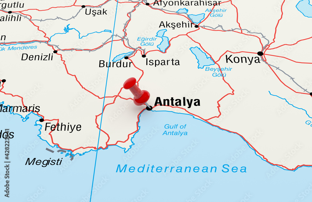 Fototapeta premium Map showing Antalya, Turkey with a Red Pin. 3D Rendering