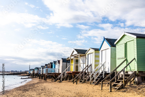 Beach huts at Southend-on-Sea , a popular resort town on the Thames Estuary in Essex, southeast England