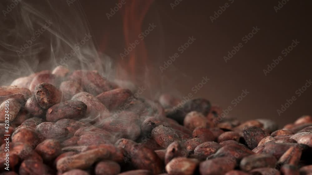 Super slow motion of group of roasted cocoa beans pieces with fire. Filmed on high speed cinema camera, 1000fps. Super slow motion of group of roasted cocoa beans pieces with fire. Filmed on high speed cinema camera, 1000fps.
