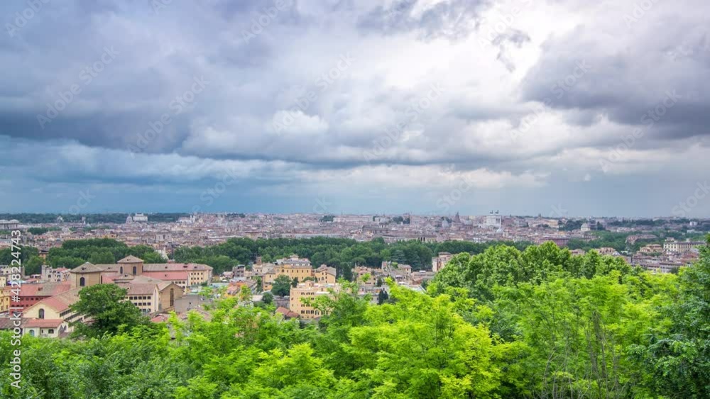 Panoramic aerial view of historic center timelapse of Rome, Italy. Cityscape with heavy dramatic clouds and rain