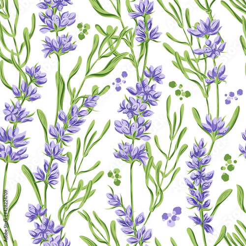 Hand drawn vector seamless pattern in retro style with violet lavender flowers and leaves. Decorative floral background for a wedding or branding design in purple and green colors