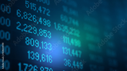 Financial data of stock market in term of a digital prices on LED display. A number of daily market price and quotation of prices chart to represent candle stick tracking in Forex trading.