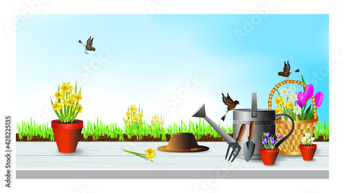 Gardening tools - a shovel, a watering, rake, hat, little birds, basket and pots with flowers for planting against the background of green grass and blue sky. Vector illustration. 