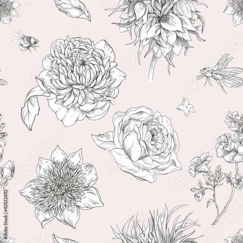 Monochrome gentle vintage floral seamless pattern. Botanical flowers texture