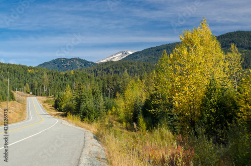 Mountain road in Fall in British Columbia, Canada. Vancouver. Whistler.