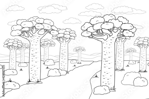 Black white vector outline African Madagascar baobab street or avenue. Doodle cartoon hand drawn landscape illustration of trees, sky, road, African plants, bushes, clouds, grass for coloring book