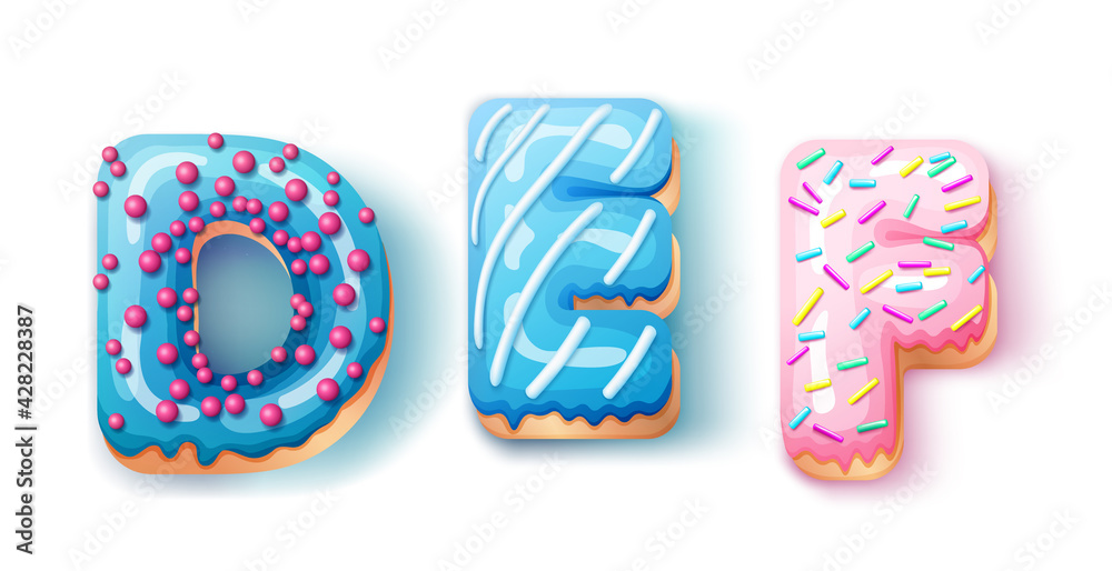 Donut icing upper latters - DEF Font of donuts. Bakery sweet alphabet. Donut alphabet latter DEF isolated on white background, vector illustration