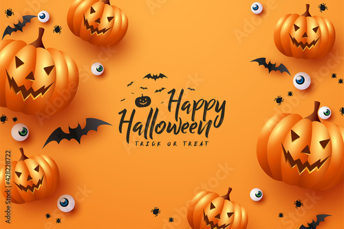 Realistic halloween background with helloween pumpkin and eye and bat props
