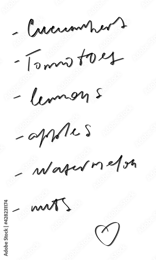 Vegan or vegetarian shopping list - handwritten items - cucumbers, tomatoes, lemons, apples, nuts and watermelon. Black ink on white with heart. Great as overlay, poster, flyer or design element. Vegan or vegetarian shopping list - handwritten items - cucumbers, tomatoes, lemons, apples, nuts and watermelon. Black ink on white with heart. Great as overlay, poster, flyer or design element.