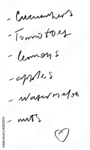 Vegan or vegetarian shopping list - handwritten items - cucumbers, tomatoes, lemons, apples, nuts and watermelon. Black ink on white with heart. Great as overlay, poster, flyer or design element.