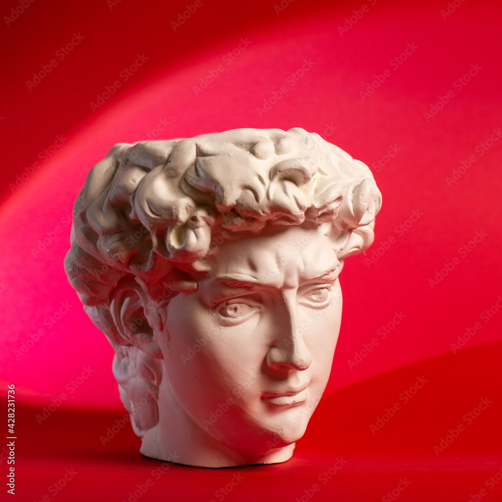Gypsum statue of David's head. Michelangelo's David statue plaster copy isolated on red background. Ancient greek sculpture, statue of hero. Gypsum statue of David's head. Michelangelo's David statue plaster copy isolated on red background. Ancient greek sculpture, statue of hero.
