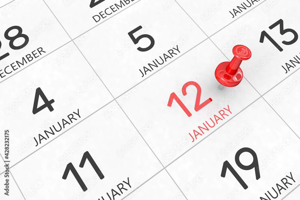 3d rendering of important days concept. January 12th. Day 12 of month. Red date written and pinned on a calendar. Winter month, day of the year. Remind you an important event or possibility. 3d rendering of important days concept. January 12th. Day 12 of month. Red date written and pinned on a calendar. Winter month, day of the year. Remind you an important event or possibility.
