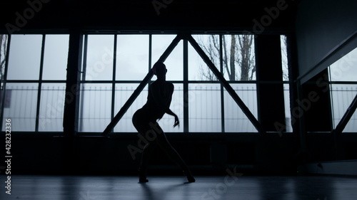 Dancer silhouette grinding dance steps indoors. Athletic girl dancing in studio.