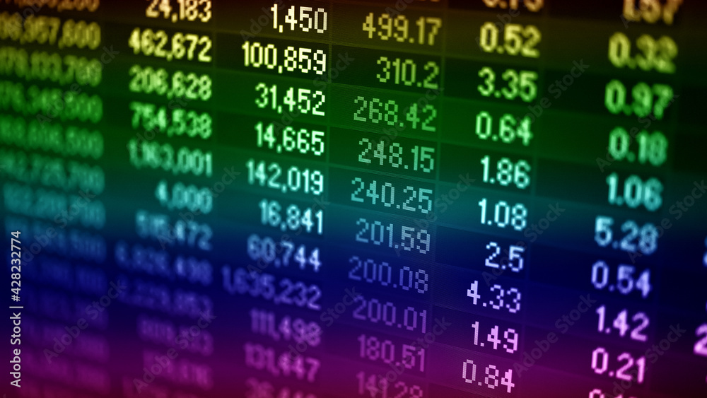 Stock market data on digital LED display. Fundamental and technical analysis with candle stick graph chart of stock market trading to represent about Bullish and Bearish point.