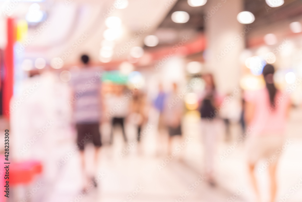 Abstract defocused or blurred background of the shopping mall with nice department store interior. which including of people and shop store.	