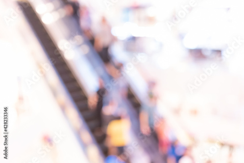 Abstract defocused or blurred background of the shopping mall with nice department store interior. which including of people and shop store. 