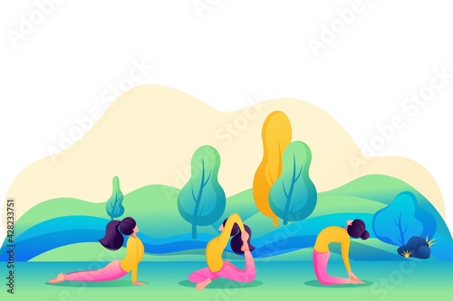 Girls in yoga school, engaged in nature, in the Park, in the forest. Flat 2D Web design