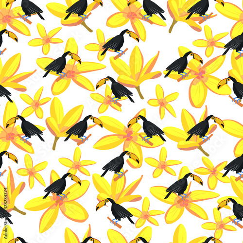toucan. tropical bird. seamless pattern with toucans and yellow exotic flowers. stock vector illustration isolated on white background.