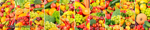 Wide background of vegetables and fruits separated by vertical lines.