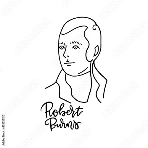 Robbie Burns icon line element. Vector hand drawn illustration of Robbie Rurns isolated on white background with lettering inscription of his name.