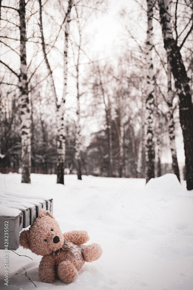 The toy bear was left in the winter at the children's playground The toy bear was left in the winter at the children's playground