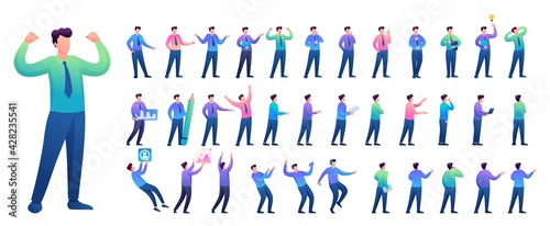 Set of Young Man. Presentation in various in various poses and actions. 2D Flat character vector illustration N1