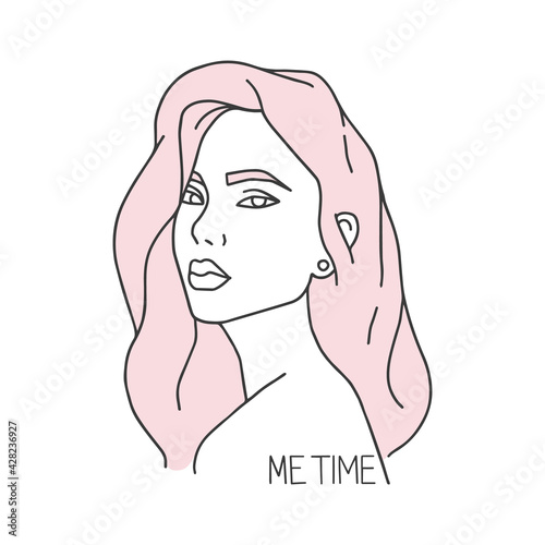 Portrait of a girl with magnificent hair, hairstyle. Asian model, beauty. Inscription me time. Vector illustration in sketch style. Outline drawing, fashion illustration. Self-care, cosmetic procedure