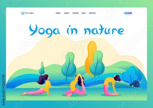 Girls in yoga school, engaged in nature, in the Park, in the forest. Flat 2D landing page