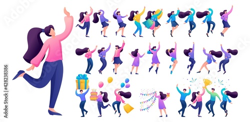 Set of a fun teen girl. Presentation in various in various poses and actions. 2D Flat character vector illustration N1