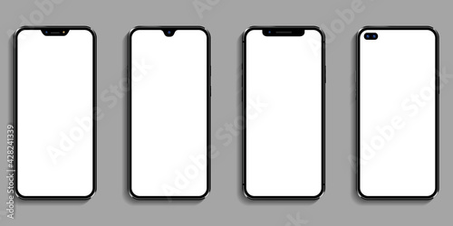 Set different black models smartphone mock up with empty touch screen isolated on grey background