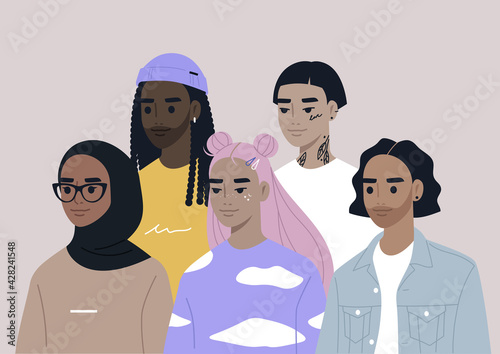 A diverse group of modern millennial characters wearing stylish clothes and accessories