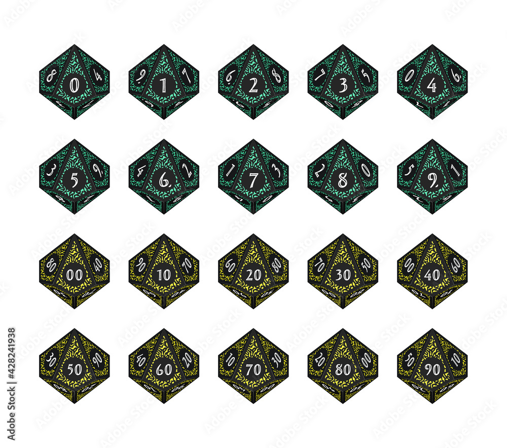 D10 Dice for Boardgames, Numbered Faces From Top View Stock