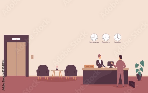 Woman receptionist behind workplace in hotel or bank lobby talking with guest. Interior of modern reception desk in waiting room, hall or corridor with lift in business office.Vector flat illustration