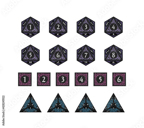 D4, D6, D8 Dice for Boardgames, Numbered Faces From Top View