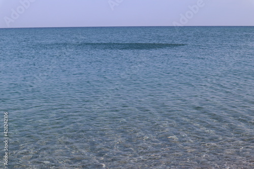 Scenic view of clear sea water and a school of fish on the horizon on a summer day, Calabria, Italy