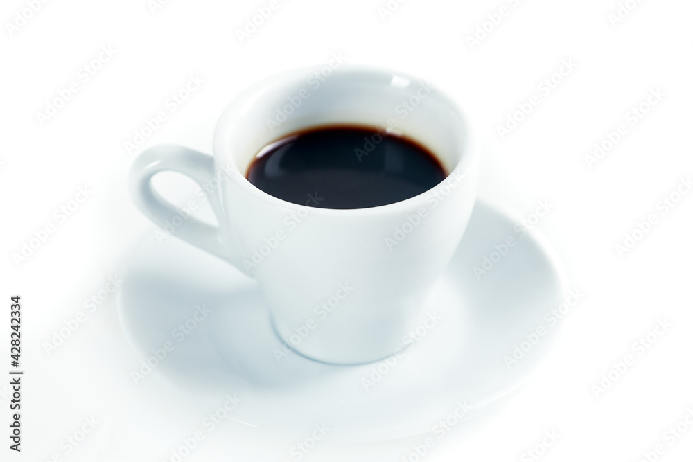 Ceramic coffee cup, many coffee beans isolated on white background Ceramic coffee cup, many coffee beans isolated on white background
