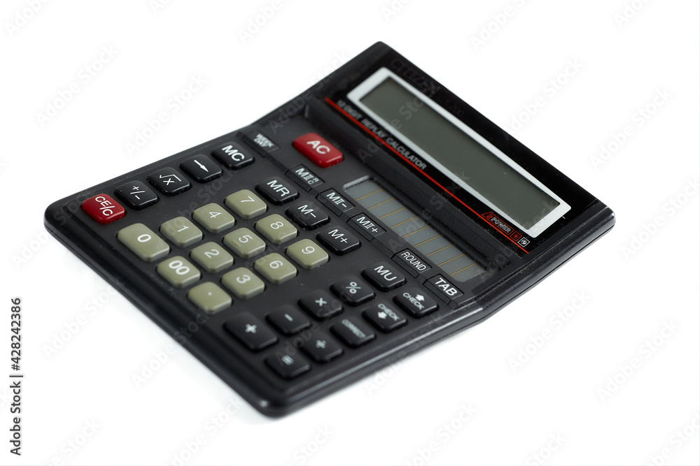 Black calculator isolated on white background. Close up. Black calculator isolated on white background. Close up.