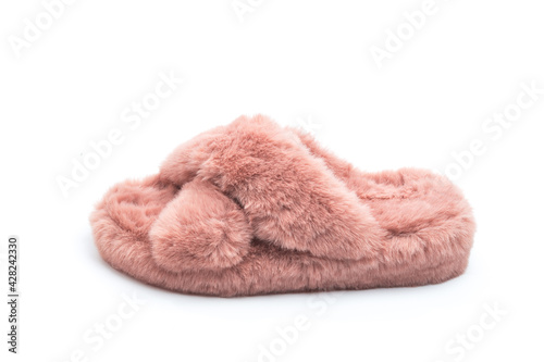 pink fluffy home women slippers supply isolated onn white background .