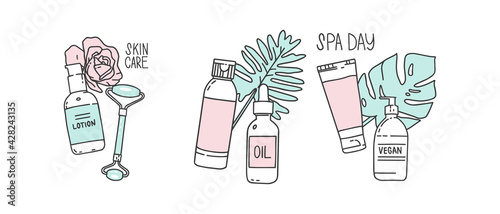 Сosmetic products packaging. Tropical plants, flowers. Vector illustration, icon set. Outline drawing and lettering. Bundle of elements, fashion design. Skincare, home beauty procedure, skin treatment