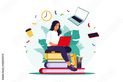 Student woman with laptop studying on online course. Online education concept. Vector illustration. Flat.