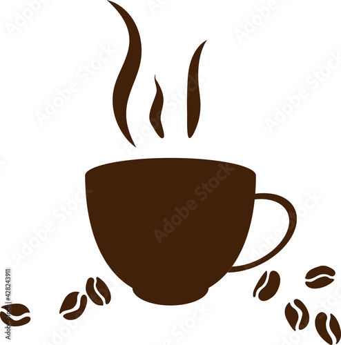 coffee cup with steam and beans in the form of a contour, morning aroma, design element