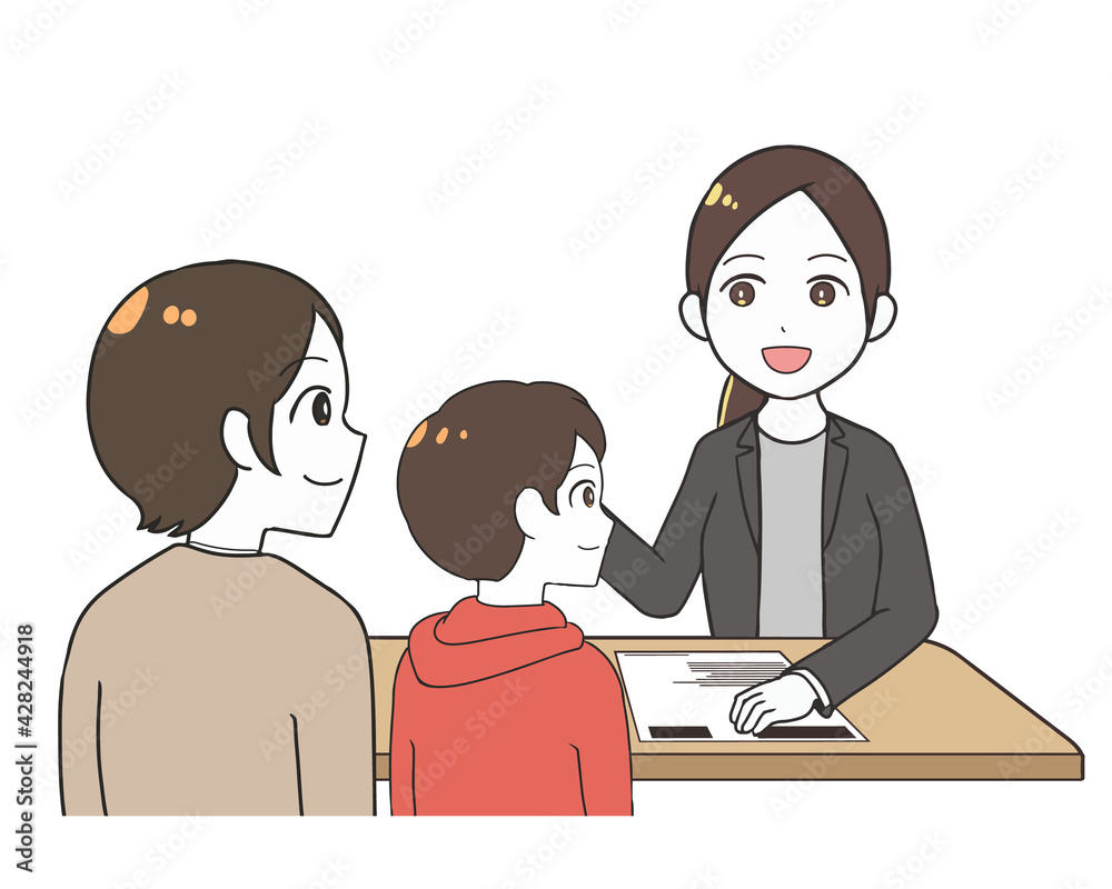三者面談　女性の先生　母と息子