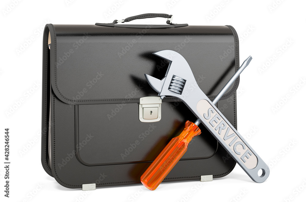 Service and repair of briefcase, suitcase. 3D rendering Service and repair of briefcase, suitcase. 3D rendering