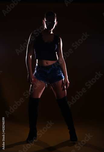 High-contrast silhouette picture of a sexy female model posing on a dark background © qunica.com
