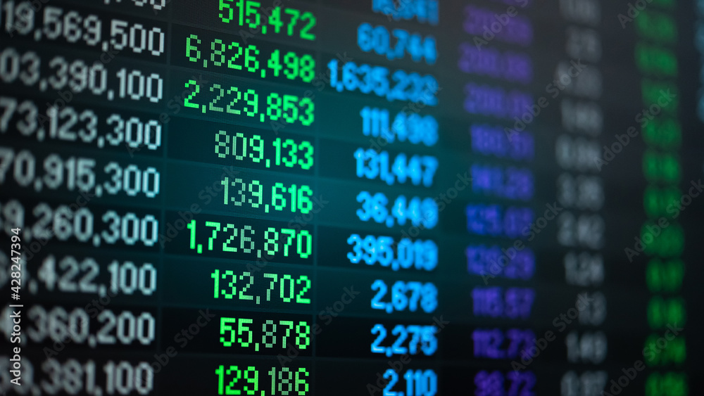 Financial data in term of a digital prices on LED display. A number of daily market price and quotation of prices chart to represent candle stick tracking in Forex trading.	