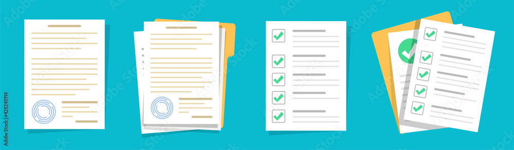 Contract or document signing icon. Document Symbol Set. Contract conditions, research approval. Document vector icons isolated design. Flat style icons set.Vecor