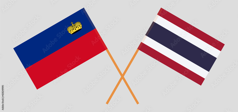 Crossed flags of Liechtenstein and Thailand. Official colors. Correct proportion