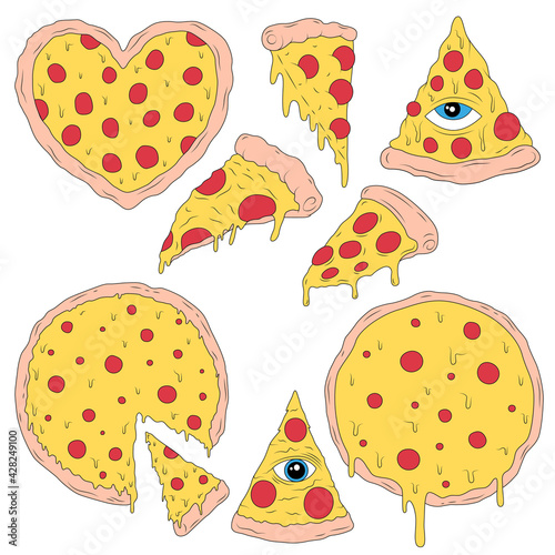 Set, collection of vector pizza slices and whole pizza isolated on white background.